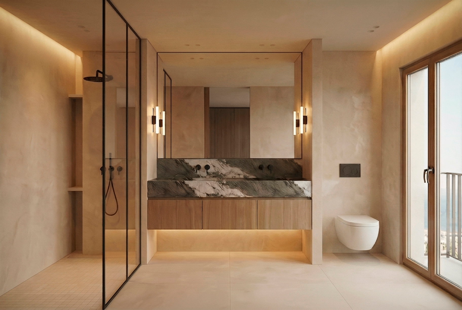 Master bathroom — marble walls, freestanding tub