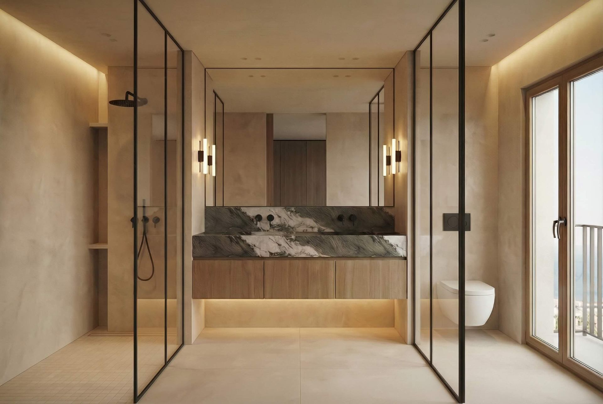 Master bathroom — marble walls, freestanding tub