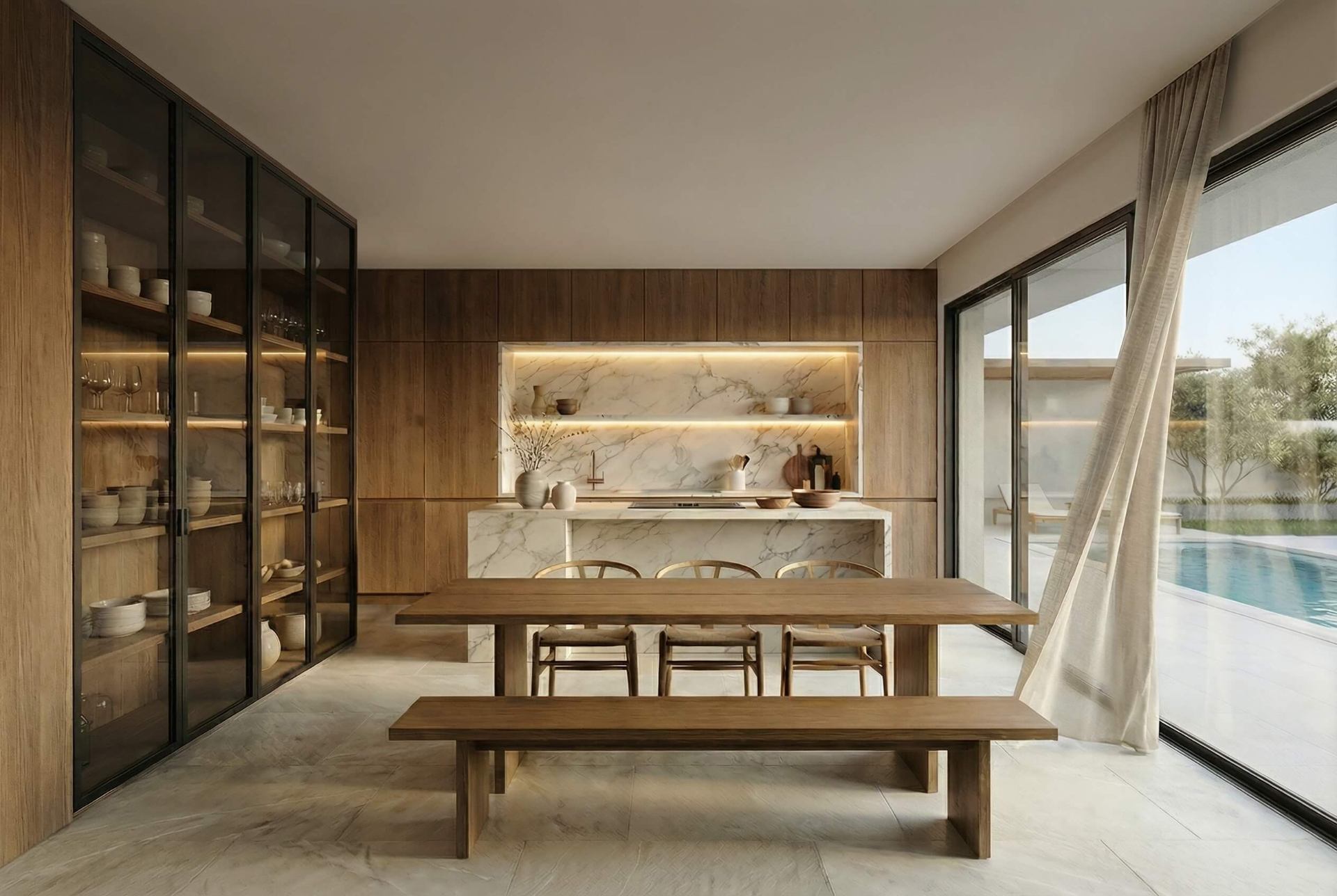 Open-plan kitchen with marble island